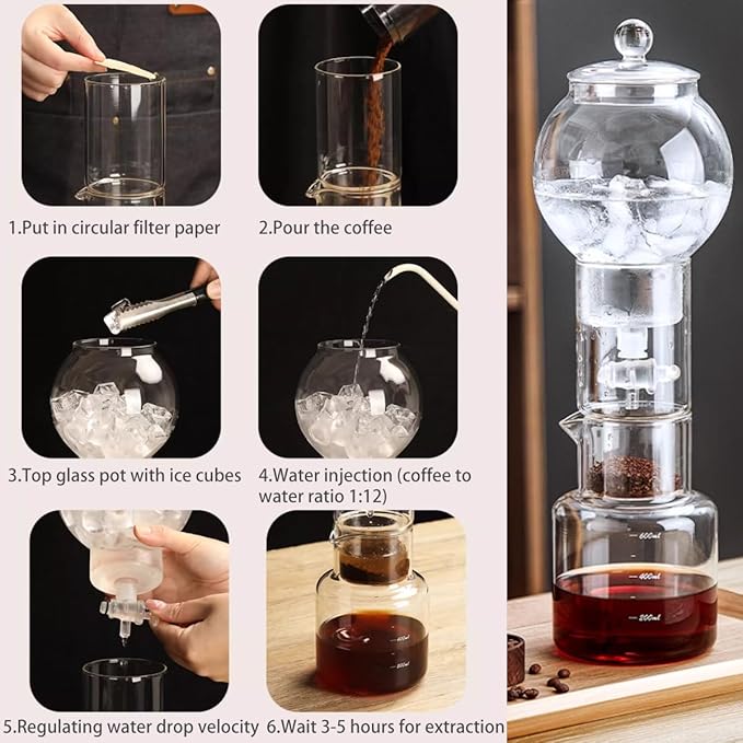 Ice Drip Coffee Maker,Cold Brew Coffee Makers Pot,20oz Cold Brew Tower Slow Drip Cold Brew Machine Borosilicate Glass Drip Coffee Machine for Household Pour Over (Transparent)