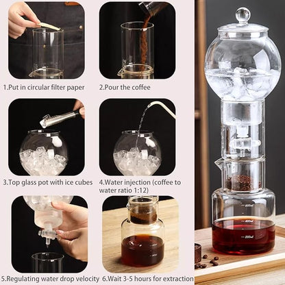 Ice Drip Coffee Maker,Cold Brew Coffee Makers Pot,20oz Cold Brew Tower Slow Drip Cold Brew Machine Borosilicate Glass Drip Coffee Machine for Household Pour Over (Transparent)