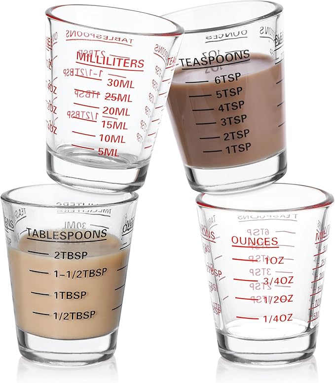Shot Glasses Measuring Cup Set 4PACK Espresso Shot Glasses Liquid Heavy Glass 26-Incremental Measurement 1 OZ, 2 TBS, 6 TSP, 30 ML Kitchen Tools (RED&Black)
