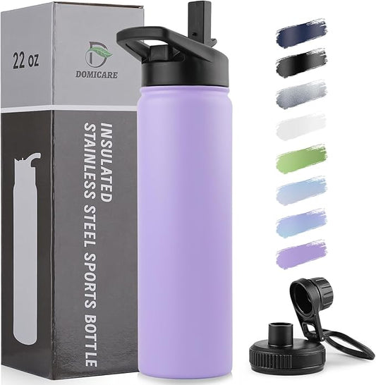 DOMICARE Insulated Water Bottle, 22 oz Vacuum Insulated Stainless Steel Reusable Sports Bottle with Straw Lid & Spout Lid for Travel, Camping, Bike, Leakproof, Purple, 1 Pack