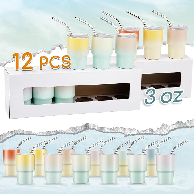 12 Pack 3 oz Sublimation Mini Tumbler Shot Glass with Straw and Lid, Gradient Color Insulated Stainless Steel Mini Tumblers Cups for Beach Birthday Wedding Parties, DIY Customizable Party Gift
