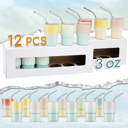 12 Pack 3 oz Sublimation Mini Tumbler Shot Glass with Straw and Lid, Gradient Color Insulated Stainless Steel Mini Tumblers Cups for Beach Birthday Wedding Parties, DIY Customizable Party Gift