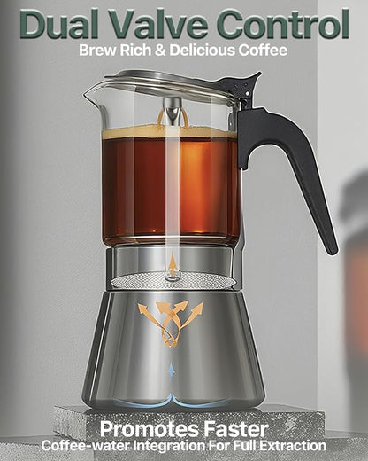 Grasseed Crystal Glass-Top Moka Pot, Brushed Stainless Steel Stovetop Espresso Maker for Italian Coffee - 9 Cup/360ml/12.6oz