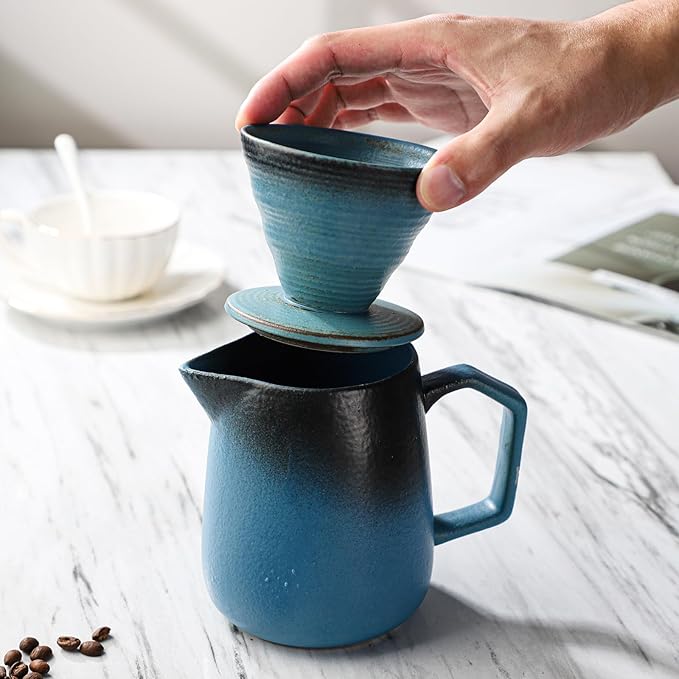 Pour Over Coffee Maker, Blue Ceramic Coffee Dripper 20oz/620ml, with 50 pcs V60 Paper Filter, Drip Coffee Brewer for Home & Café Enthusiasts, Vintage-Style