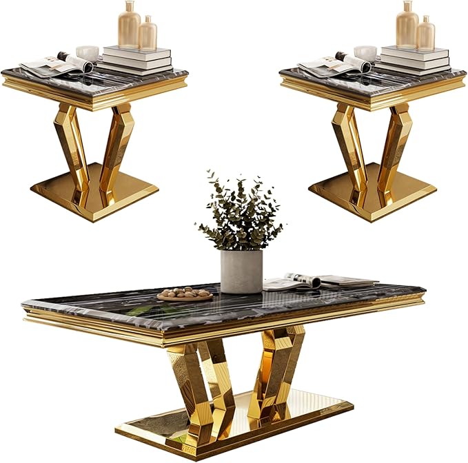 Living Room Table Set - 3 Piece Coffee Table With 2 End Tables, Black and Gold for Home Apartment Office