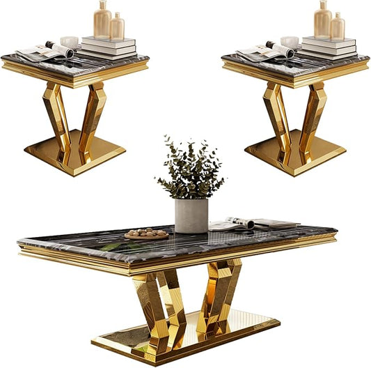 Living Room Table Set - 3 Piece Coffee Table With 2 End Tables, Black and Gold for Home Apartment Office