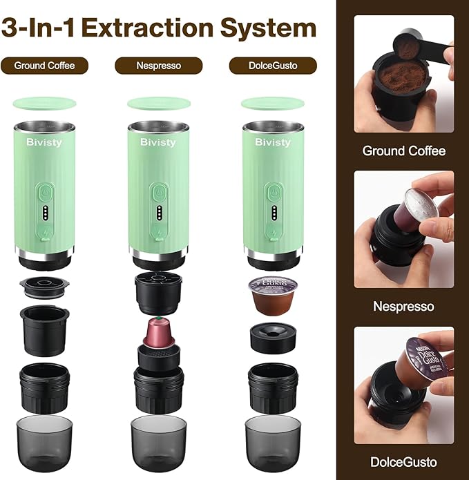 Portable Espresso Maker, Wireless Self-heating, Mini Coffee Maker, 80ml Water Tank, Ground Coffee Compatible with Nespresso & Dolce Gusto for Travel, Camping, Hiking, Office (Green)