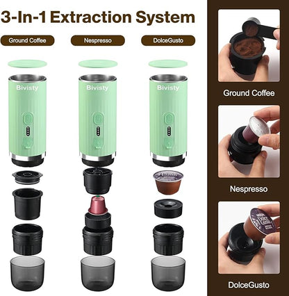 Portable Espresso Maker, Wireless Self-heating, Mini Coffee Maker, 80ml Water Tank, Ground Coffee Compatible with Nespresso & Dolce Gusto for Travel, Camping, Hiking, Office (Green)