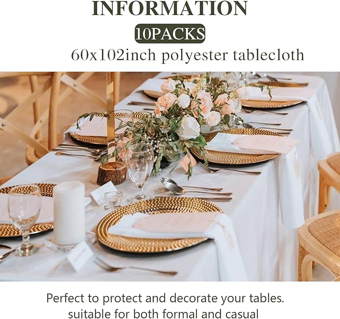 10 Pack Tablecloth Party, 60 x 102 Inch Polyester Rectangle Table Cloth, Wrinkle Resistant Washable Table Cover for Dining Table, Buffet Parties and Camping