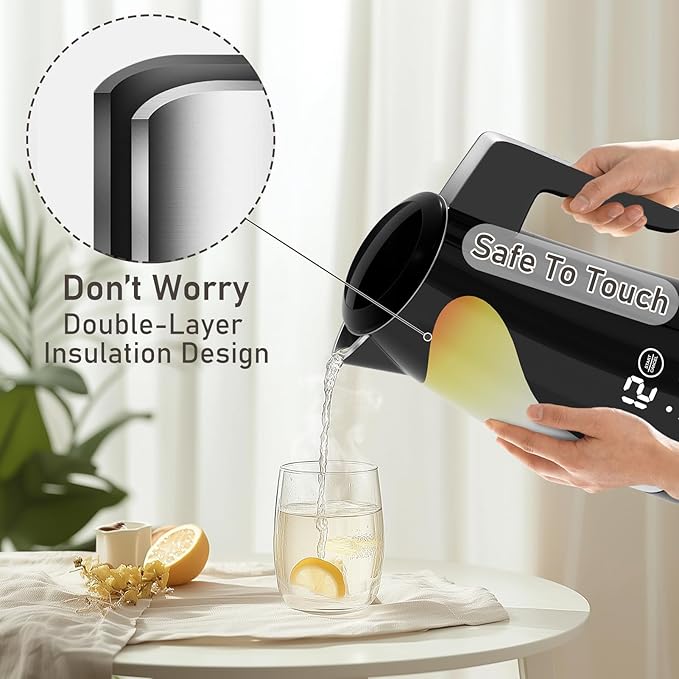 Electric Kettle Temperature Control, 5 Temp Presets, 2H Keep Warm, Double Wall Stainless Steel, 1.25L Cool-Touch Design with Auto Shut-Off, Cordless Water Boiler Heater, 360° Rotating Base, (Black)