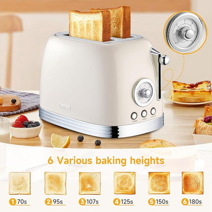 Beige Cute Retro Toaster 2 Slice with 1.58" Wide Slots, Bread toaster with Cover and Warm Rack, Stainless Steel Toaster with Removable Crumb Tray, Preheat, Defrost, Cancel Function (Cream)