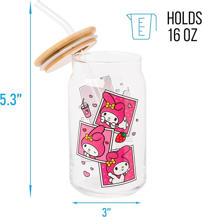 Silver Buffalo Sanrio Hello Kitty and Friends My Melody Polaroids Glass Jar Tumbler with Bamboo Lid and Glass Straw, 16 Ounces