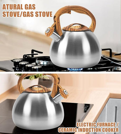 Classic Stainless Steel Whistling Kettle 3.2 Quart - Brushed Metal Finish with Wooden Handle, Stovetop Water Boiler for Home & Kitchen, Loud Alert Whistle & Drip-Free Spout (Silver)
