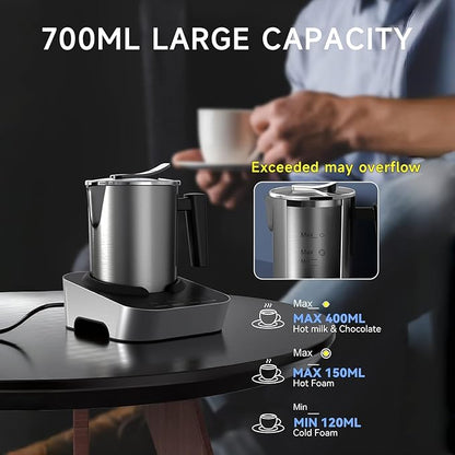 Wamife Electric Milk Frother and Steamer for Coffee with Milk Frother Cup (700ml/23.6oz,Milk 150ml) 4-in-1 Milk Foamer Hot Chocolate Maker,Hot & Cold Foam Maker,Heated Milk,Dishwasher Safe with Whisk