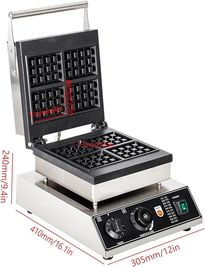 Commercial Square Waffle Maker, 110V Belgian Waffle Maker Iron, 2 Square-Shaped Waffles,Non-Stick Teflon Coating,50-300℃/122-572℉ Adjustable
