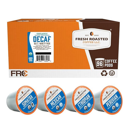 Fresh Roasted Coffee, Organic Water-Processed Decaf Variety Pack | USDA Organic, Kosher | K-Cup Compatible, 96 Pods