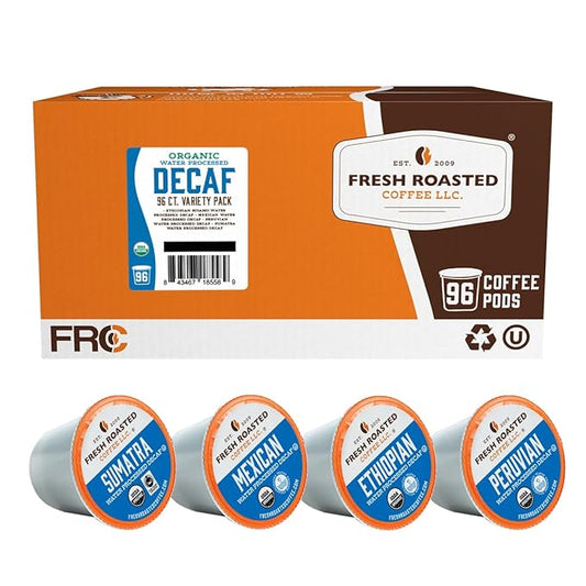Fresh Roasted Coffee, Organic Water-Processed Decaf Variety Pack | USDA Organic, Kosher | K-Cup Compatible, 96 Pods