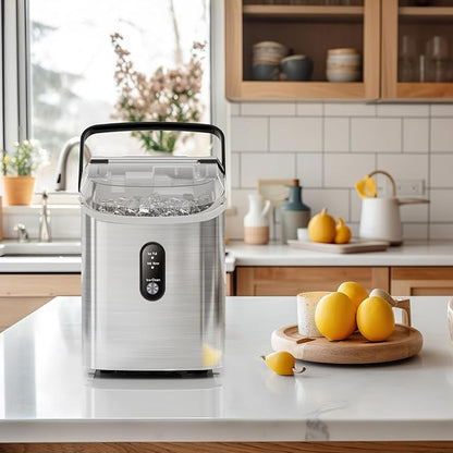 Antarctic Star Nugget Ice Makers Countertop, Portable Ice Maker Machine with Self-Cleaning, 35lbs/24H, Crushed Ice Machine with Handle & Scoop for Home, Kitchen, Office and Camping(Stainless Steel)