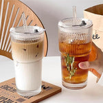 Load image into Gallery viewer, Ribbed Drinking Glasses,with Lids and Straws Glass Cup,19oz Glass cup,4 Pack Old Fashioned Glasses,Thickened for iced coffees,cocktails and juices, perfect for families and parties (4)
