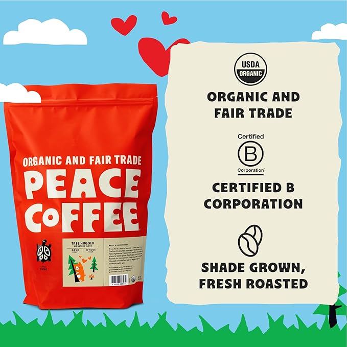 Peace Coffee Tree Hugger Signature Blend | 5 lb Ground Dark Roast | Organic Fair Trade | Soft, Smooth Flavor | Shade Grown, Fresh Roasted