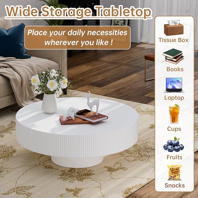 Round Coffee Table 30.7" Modern White Fluted Coffee Table Low Round Drum Pedestal Coffee Tables for Living Room Farmhouse (White 30.7in)