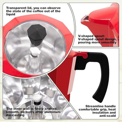 Electric Aluminum Moka Pot 5-6 Cup 270ml Espresso Maker with Detachable Base Ideal Coffee Makers for Home MochaPot Italian and Cuban Café Coffeemaker Espressomaker CoffeePot Red