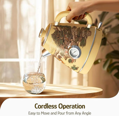 Hazel Quinn Retro Electric Kettle - 1.7 Liters / 57.5 Ounces Tea Kettle with Thermometer, All Stainless Steel, 1200 Watts Fast Boiling, BPA-free, Cordless, Automatic Shut Off - Garden Scenery