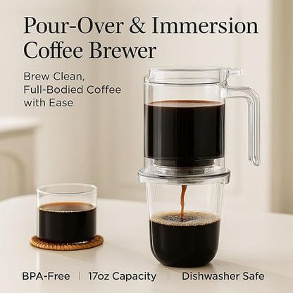 Pour-Over & Immersion Coffee Dripper & Maker, Stop-Valve 17oz Steep-and-Release Brewer, 304 Stainless Steel Mesh Filter, Insulated Handle, Fits Mugs ≤3.5" Rim, BPA-Free (Transparent)