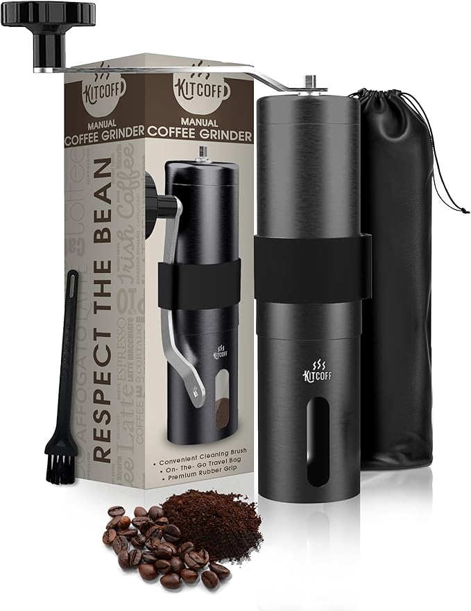 Manual Coffee Grinder — Stainless Steel Conical Burr Coffee Bean Grinder with Hand Crank, 18 Adjustable Settings, Storage Pouch and Sturdy Grip — Portable Coffee Grinder for Camping or Travel