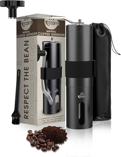 Manual Coffee Grinder — Stainless Steel Conical Burr Coffee Bean Grinder with Hand Crank, 18 Adjustable Settings, Storage Pouch and Sturdy Grip — Portable Coffee Grinder for Camping or Travel