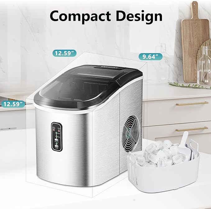 EUHOMY Smart Ice Makers Countertop -26lbs in 24 Hours, 9 Cubes Ready in 8Mins, Self-Cleaning Countertop Ice Maker, Portable Ice Maker with Ice Scoop and Basket, Perfect for Home/Kitchen/Office(Sliver
