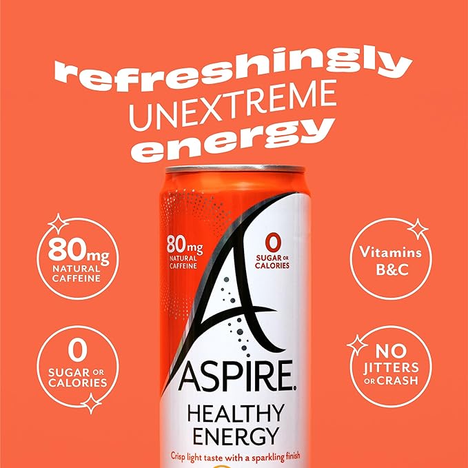 ASPIRE® Mango Lemonade, Healthy Energy Drink 80mg Natural Caffeine, Zero Sugar No Carbs Keto Friendly, 12 Pack Green Tea Sugar Free Drink Low Caffeine Zero Calorie