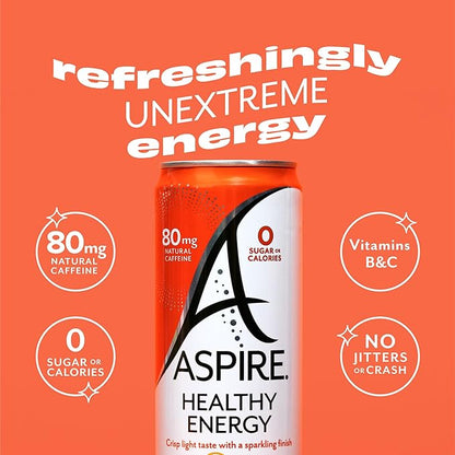 ASPIRE® Mango Lemonade, Healthy Energy Drink 80mg Natural Caffeine, Zero Sugar No Carbs Keto Friendly, 12 Pack Green Tea Sugar Free Drink Low Caffeine Zero Calorie