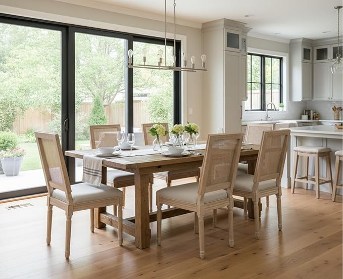 CIMOTA Farmhouse Dining Chairs Set of 6, French Rattan Dining Room Chairs with Rectangle Back/Distressed Wood Upholstered Vintage Side Chairs for Kitchen/Restaurant, Beige/6PCS