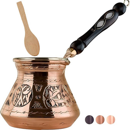BCS 18 Oz X-Large Copper Turkish Greek Arabic Coffee Pot with Wooden Handle (6 servings) Cezve Ibrik Briki Stovetop Coffee Maker (Includes Wooden Spoon)