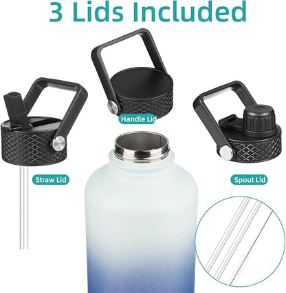 Insulated Water Bottle with Straw,50 oz 3 Lids Water Jug with Carrying Bag,Paracord Handle,Double Wall Vacuum Stainless Steel Metal Flask,Sky