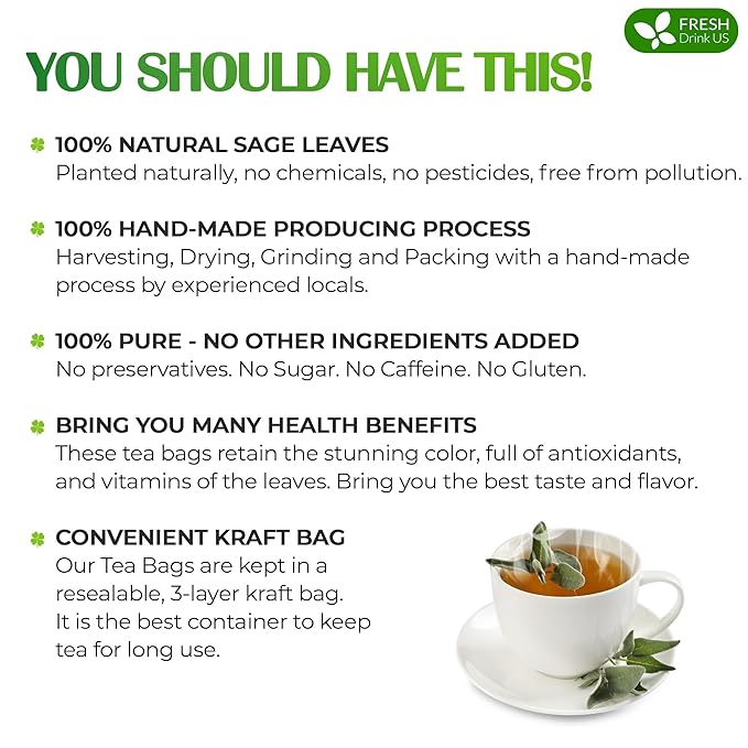 FreshDrinkUS, Premium 15 Sage Leaf Tea Bags, 100% Natural & Pure from Sage Leaves. Loose Leaf Herbal Tea. Made with Natural Material Tea Bags. No Sugar, No Caffeine, No Gluten, Vegan.