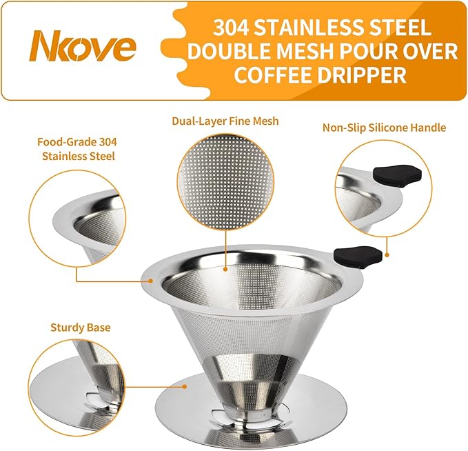 Pour Over Coffee Dripper Stainless Steel Reusable Filter Paperless Cone Coffee Maker Dripper for 1-2 Cup
