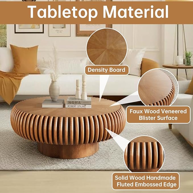 Round Coffee Table 31.4" Modern Brown Fluted Coffee Table Low Round Drum Pedestal Coffee Tables for Living Room Farmhouse (Brown 31.4in)