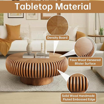 Round Coffee Table 31.4" Modern Brown Fluted Coffee Table Low Round Drum Pedestal Coffee Tables for Living Room Farmhouse (Brown 31.4in)