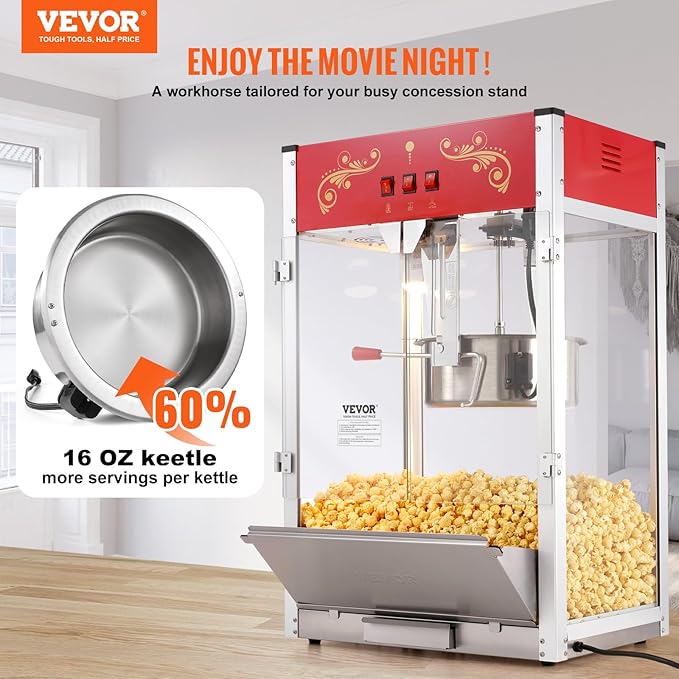 VEVOR Popcorn Maker, 1615W Popcorn Popper Machine, 16 Oz Kettle Large Capacity Countertop Popcorn Maker with Tempered Glass, Includes 3 Stainless Steel Scoops, Movie Theater Style, Red