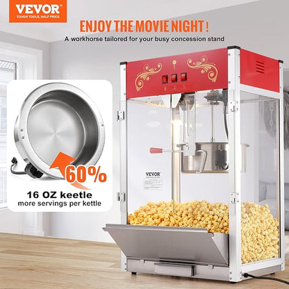 VEVOR Popcorn Maker, 1615W Popcorn Popper Machine, 16 Oz Kettle Large Capacity Countertop Popcorn Maker with Tempered Glass, Includes 3 Stainless Steel Scoops, Movie Theater Style, Red