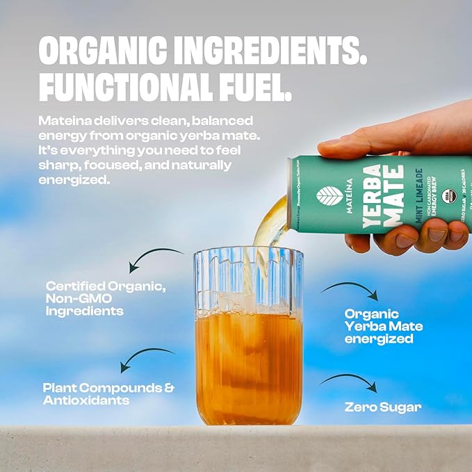 Mateina Yerba Mate Zero Sugar Energy Drink – 120mg Natural Caffeine – Organic, Non-GMO, Non-Carbonated – Dr. Andrew Huberman Recommended – 12 Pack (12oz Cans) (12 Pack, Mint Limeade)