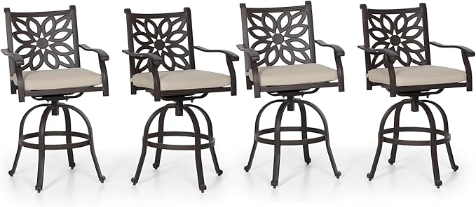 PHI VILLA Outdoor Swivel Bar Stools Set of 4, Cast Aluminum Patio Pub Height Bar Stool & Chairs with Seat Cushion
