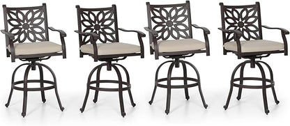 PHI VILLA Outdoor Swivel Bar Stools Set of 4, Cast Aluminum Patio Pub Height Bar Stool & Chairs with Seat Cushion