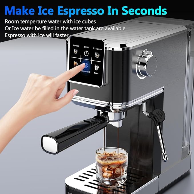 Espresso Machine 20 Bar,Touch Screen Espresso Maker with Steam Milk Frother,Stainless Steel Coffee Machine for Cappuccino Latte Americano Cold Brew,1350W Fast Heat Up System,Black