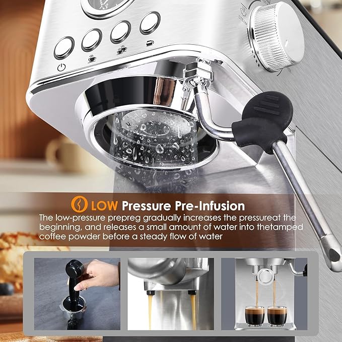 Espresso Machine Coffee Makers 20 Bar, Stainless Steel Espresso Machine with Milk Frother/Steam Wand for Espresso, Latte and Cappuccino - Premium Home Coffee Maker for Barista Quality Drinks