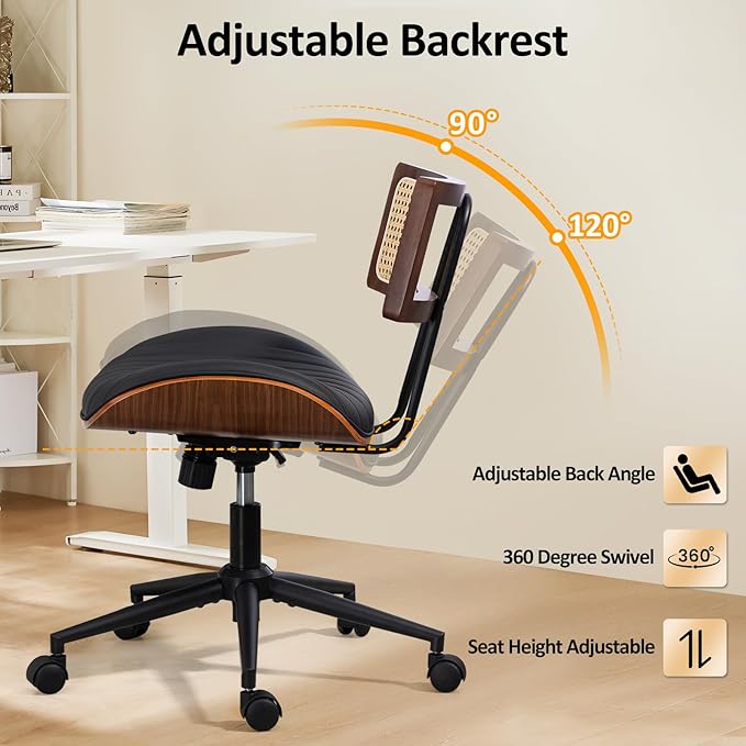 Home Office Chair with Wheels, Adjustable Height Desk Chair with Rattan Backrest, Leather Swivel Computer Chair, Armless Modern Walnut Chair for Office, Meeting Room, Black