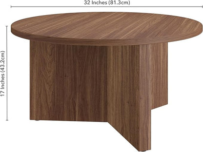 Henn&Hart 32" Round Wood Pedestal Coffee Table for Living Room, Family Room, Office, or Apartment, Satin Walnut