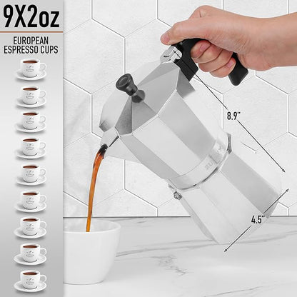 Zulay Moka Pot Espresso Stovetop Coffee Maker - Leak-Proof, Aluminum, Easy to Clean, Heat Resistant Handle & Knob - for Authentic Cuban & Italian Style Espresso - Makes 9 Espresso Cups - Silver